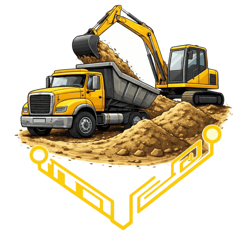 Anlægsopgaver - gravemaskine der fylder jord på lastbil med GBT kredsløb